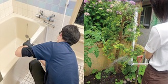 庭に水やりをするコピエスタッフ（写真右）。バスルームのクリーニングも需要が高い