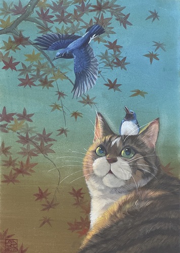 松本さんの作品「猫と紅葉小禽図」