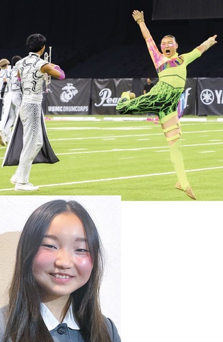 迫力ある演舞を披露する井上さん(上／提供)。普段は普通の女子高生だ。