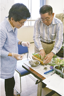 神田さん（右）の指導を受けて挿し芽を学ぶ参加者