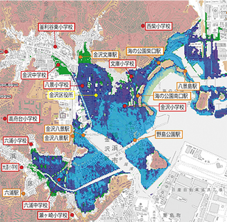 青や紫、緑色で塗られた浸水予測区域＝横浜市資料より