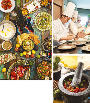 カラフルな色合いと多彩なスパイスが印象的なメキシコ料理は野菜も多く女性に人気。ライブキッチンでは目の前で切り分けるローストビーフも