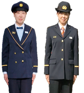 女性団員の旧制服（左）と新制服