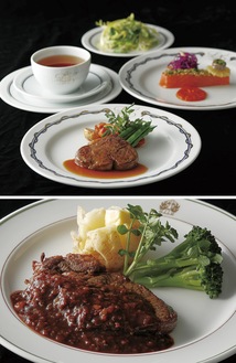 「ル・ノルマンディ」のコース料理（写真上・１３，３１０円）と「ザ・カフェ」で提供中のペッパー・ステーキ（セットで６，１１０円）。どちらも税サ込。