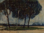 柴田善登『山下公園の五月』1969年／油彩、キャンバス／60.0×80.0cmうっそうと生い茂り、生命力を感じさせる木々の葉、空の色などが印象的な作品