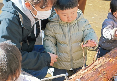 丸太の皮むきに挑戦
