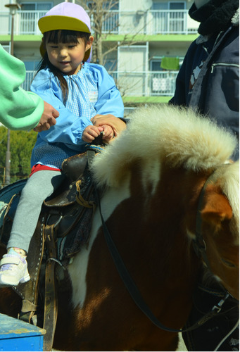 ポニーに乗る園児
