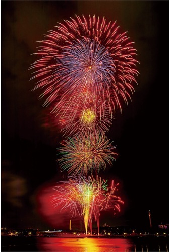 昨年の花火大会の様子（第50回金沢まつり花火大会フォトコンテストで花火大賞に選ばれた大竹晋さんの「金沢八景の彩」＝金沢区役所提供）