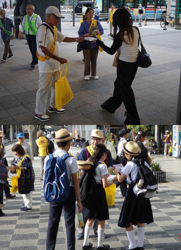 金沢八景駅前（上）や洋光台駅前で啓発物品を配布