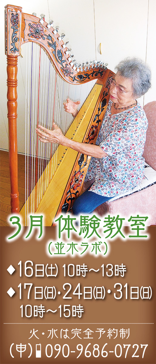 並木ラボで開催 ワンコイン ハープ体験 教室 楽譜を使わない民族楽器 ラテンハープ教室アリス 金沢区 磯子区 タウンニュース