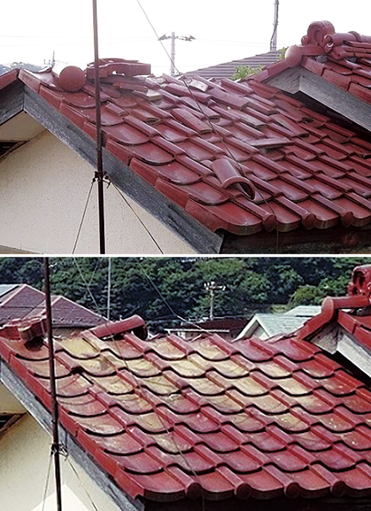 脱落しかかっていた屋根瓦（写真上）を一部撤去（同下）