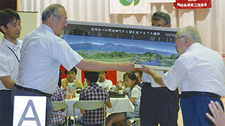 勝山町長（左）から池田町北アルプス連峰のパノラマ写真を受け取る渡部会長