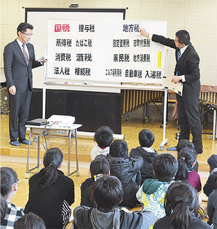 児童に説明する吉田副部会長（左）と松田氏
