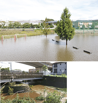 水のたまった平戸永谷川遊水地広場（上）。河川の水量も大幅に増加した