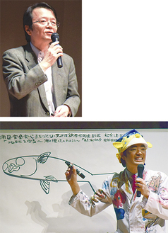 （上）ユーモアを交えて語る刑部教授（下）素早く魚の絵を描き、会場を盛り上げたさかなクン