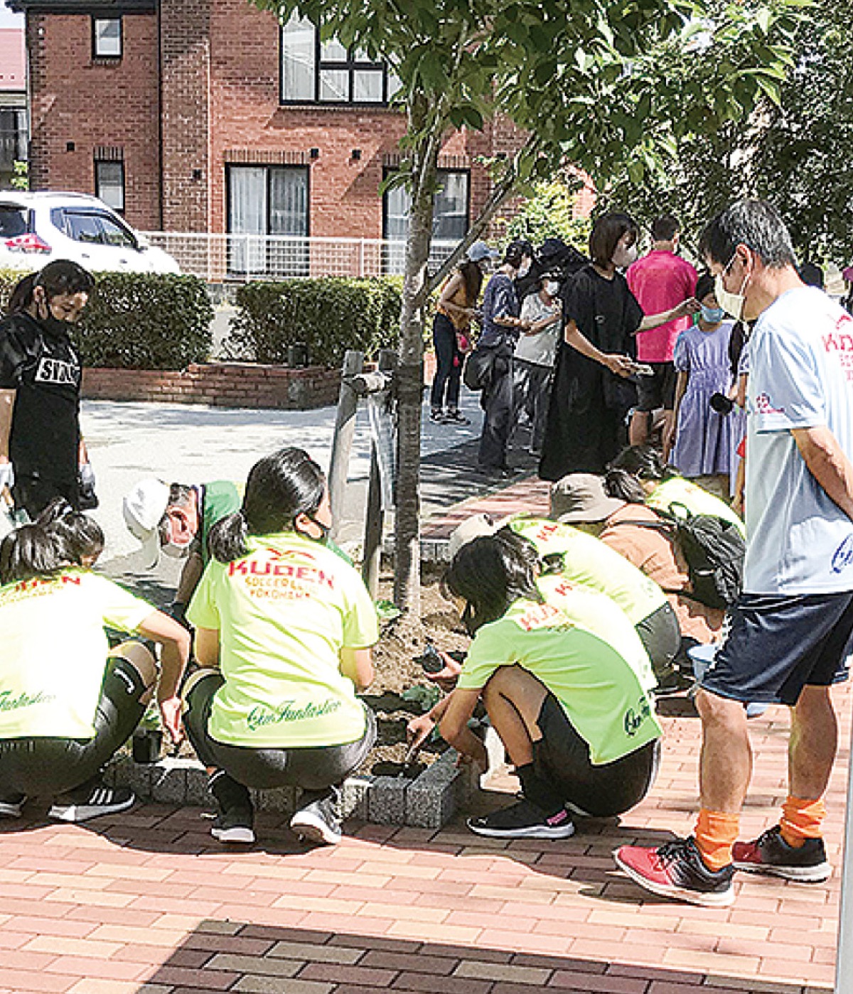 朝顔を植える参加者