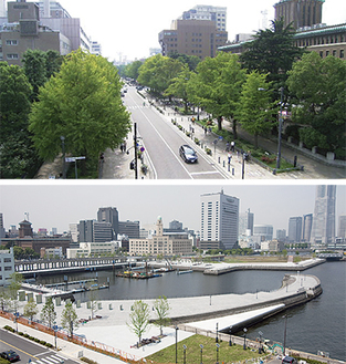 受賞した日本大通り（写真上）と象の鼻地区（下）
