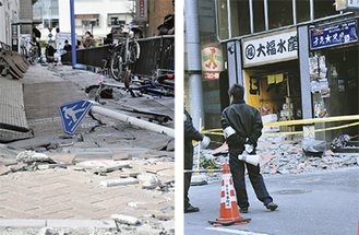 壁が崩落した中区常盤町のビル前（右）と大きな地割れの被害があった西区南幸のショッピングセンター前