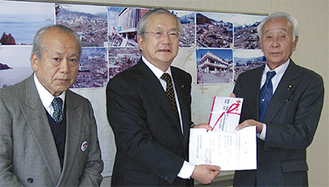 金子会長（右）が戸田市長（中）へ目録を贈呈