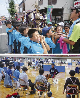 子どもたちと地域の夏祭りに参加（写真上）高齢者向けの運動教室（下）