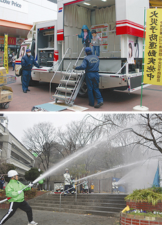 子どもたちは震度７の揺れにフラフラ（中区・上）。軽井沢自治会と消防団、消防署による合同放水訓練（西区・下）