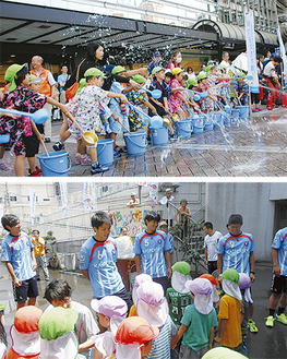 高島屋前で水をまく園児ら（上）。寿町ではＹＳＣＣの選手も参加