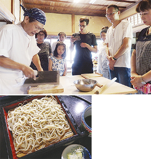 ▲蕎麦打ちの手本をみせる上村さん（左）＝８月２４日◀今や幻となった「古登婦喜」の蕎麦を試食できるのも楽しみの一つ。自分で作った蕎麦はお土産に