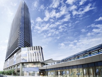 建物の完成イメージ。13階〜41階が分譲マンション「ザ ヨコハマ フロント タワー」で、複合ビルとしてホテルや商業施設も併設。横浜駅きた西口と２階デッキで繋がる