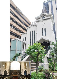 大さん橋入口の開港広場に隣接する横浜海岸教会。庭に日本基督公会発祥地の石碑も。写真下は礼拝堂
