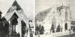 外国人の礼拝所と日本人向けの英語教場として使われていた石の小会堂（左・1868年献堂）と、設立３年後の1875年に建てられた最初の大会堂