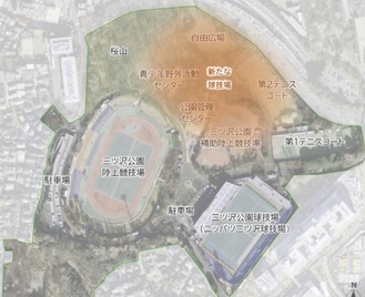 陸上競技場と現在の球技場の北側（オレンジの部分）が新たな球技場の建設候補地となっている＝市提供