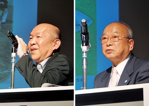 発表する新本牧地区の鈴木聖一さん（左）と埋地地区の藤平保之さん