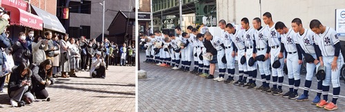 南太田駅前で感謝を述べる部員と見守る地域住民ら