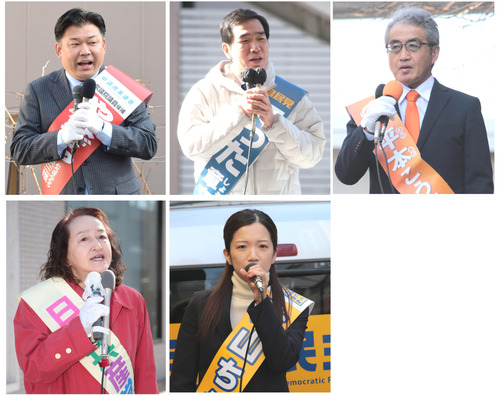 神奈川２区に立候補した（届出順に左上から右へ）中道・柳家東三楼氏、自民・新田章文氏、参政・平本幸次郎氏、共産・並木まり子氏、国民・片山智絵氏