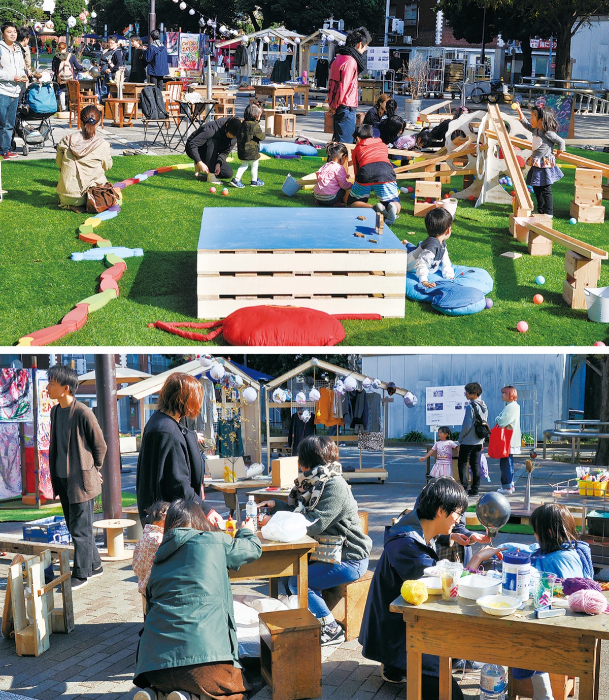 (上)芝生上の遊べるスペースは子どもたちに大人気(下)同時開催の『「ゆたかなイばしょ」廻るアートラウンジ』では工作体験も