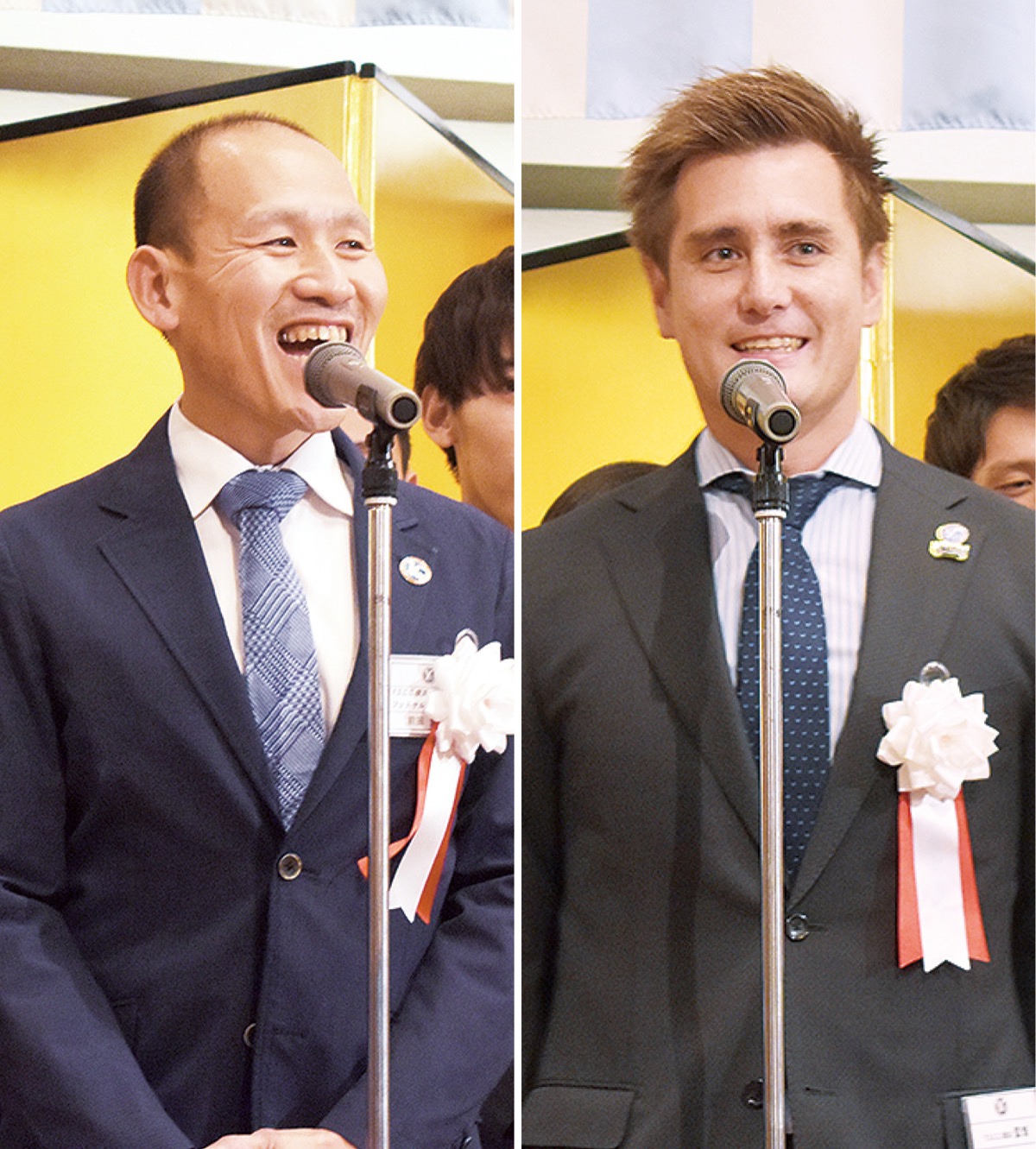 参加者へ挨拶するフットサル・前田監督（左）とサッカー・シュタルフ監督