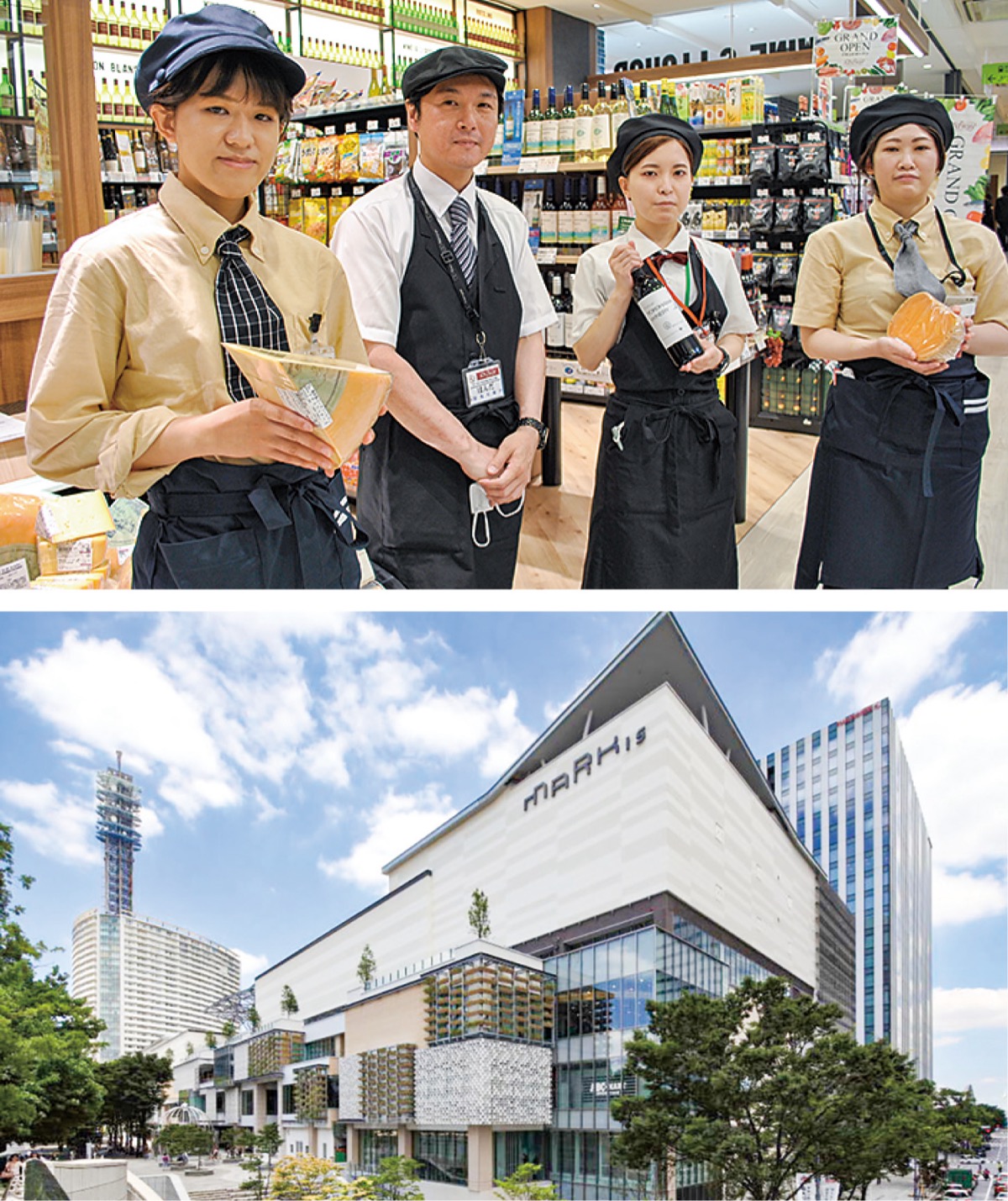 （上）チーズは対面販売。ワインも品揃え充実（下）10周年迎えたＭＡＲＫ　ＩＳ　みなとみらい
