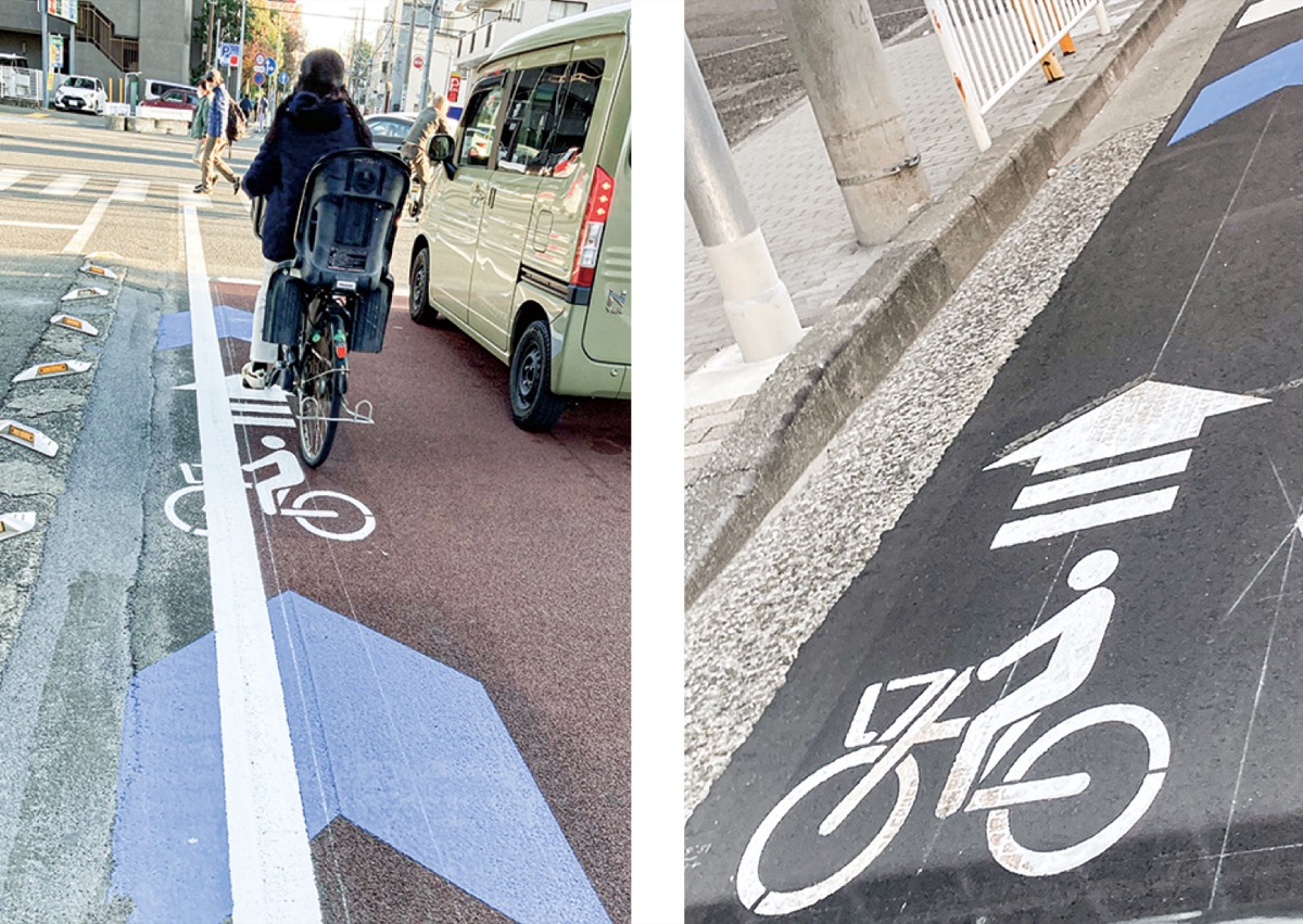 平沼一之橋と平沼二の橋で試行中の自転車通行ペイント