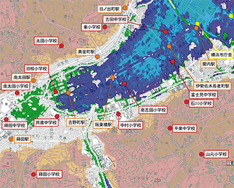 青や緑色の場所が避難対象とされた区域（横浜市「津波からの避難に関するガイドライン」より）
