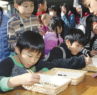 箸で豆を移動するゲームに挑戦する児童