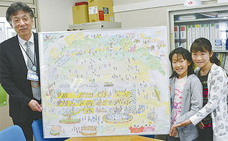 昨秋完成したサステイナブルマップを持つ住田校長（左）と６年生
