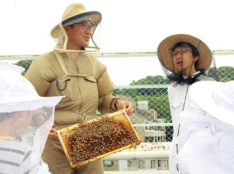 ハチについて説明する藤井君（右）と岡田さん
