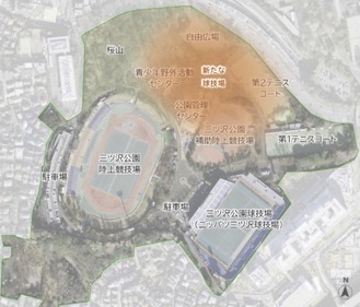 市が公表した配置イメージ図。オレンジ色の部分が新たな球技場の建設候補地