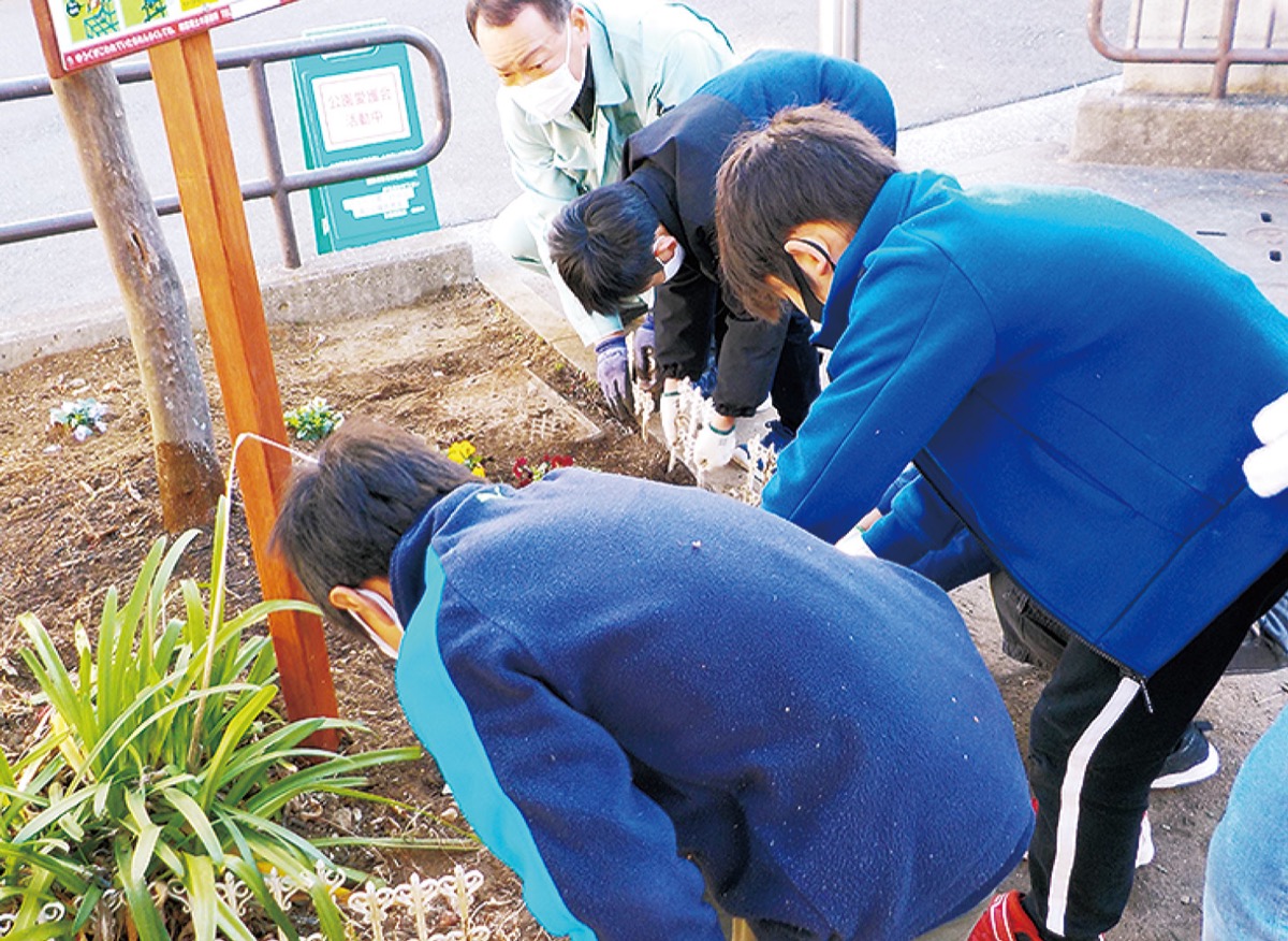 樹名板を取り付ける４年生