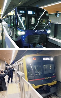 新横浜駅に入線する、試運転中の相鉄線車両（上）と東急線車両（昨年11月24日）