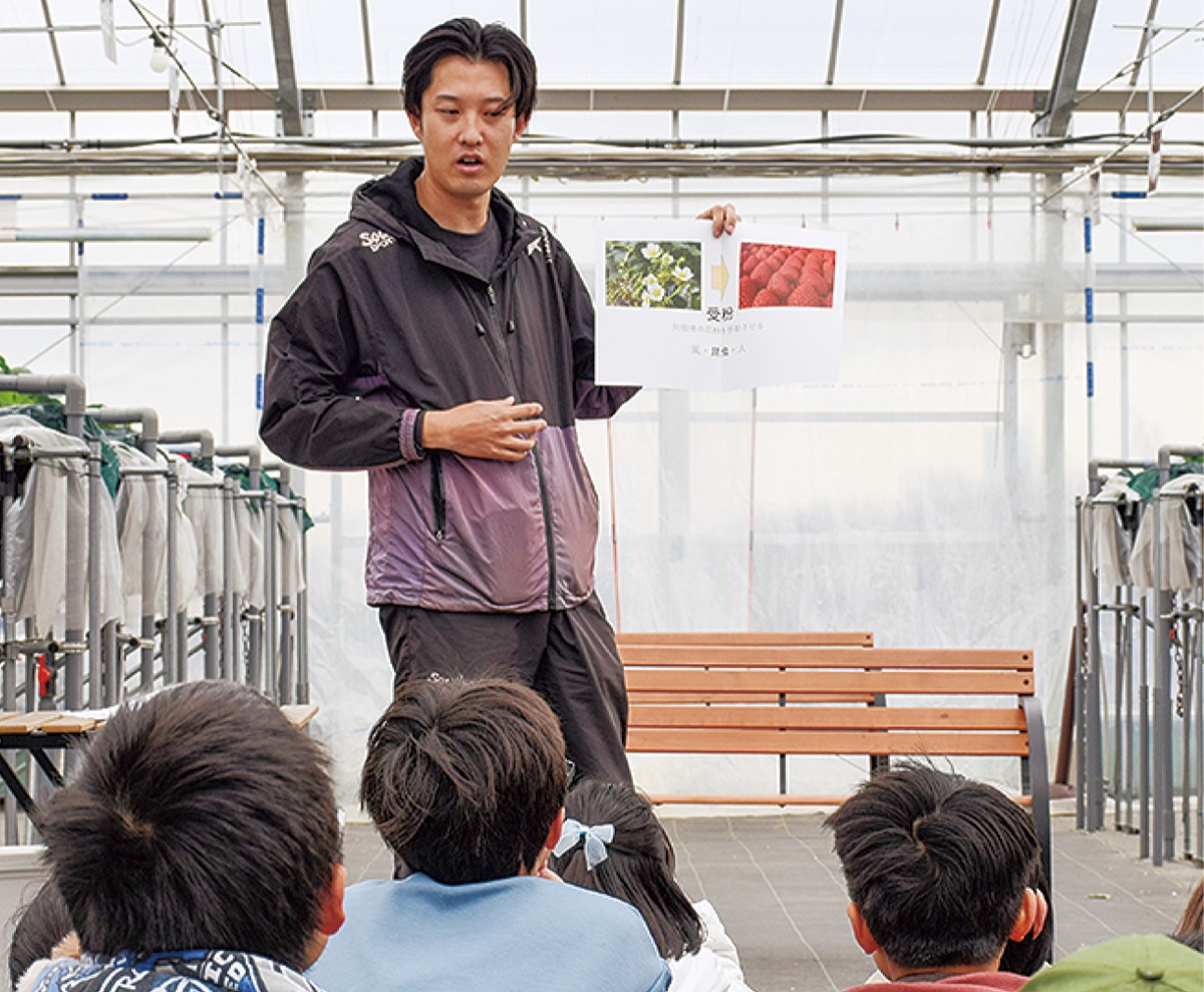 いちご園で話を聞く児童