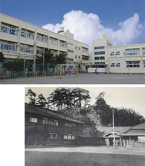 現在の東台小学校（上）と、大正初め頃の同校