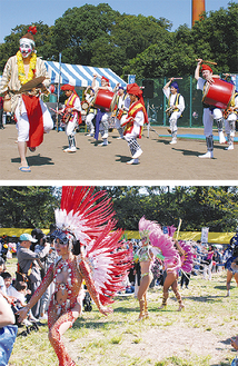 パレードに登場する沖縄エイサー「潮風」（上）とサンバ