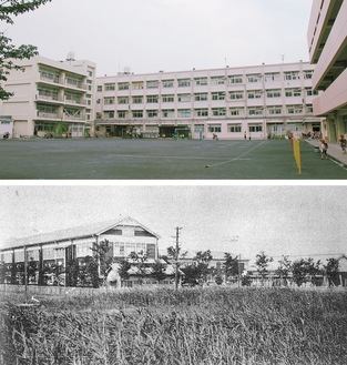 現在の鶴見小学校（上）と１９３１年創立当時の学校