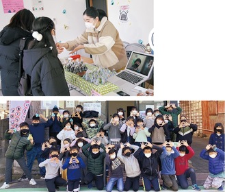 29日のオンライン接客（上）と５年５組の児童ら